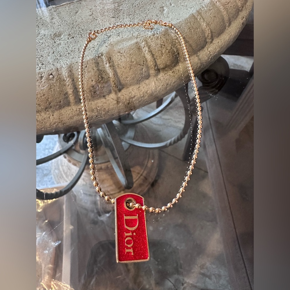Authentic Christian Dior Red and Gold Tag Dog Tag Pendant Necklace